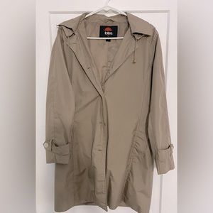 Hooded small trench coat. Taupe colored, two pocket light weight fabric.
